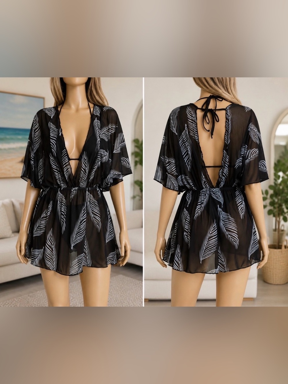 🆕 Sheer Black Leaf-Print Swim Cover-Up Tunic LARGE